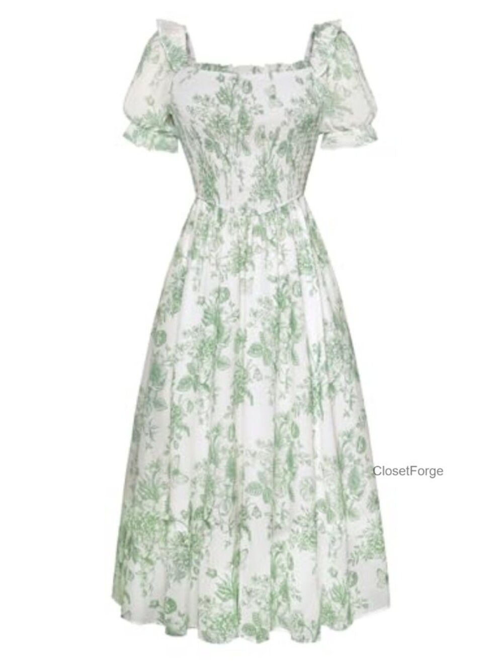 Floral Chiffon Midi Dress Puff Sleeve Cottagecore Tea Party